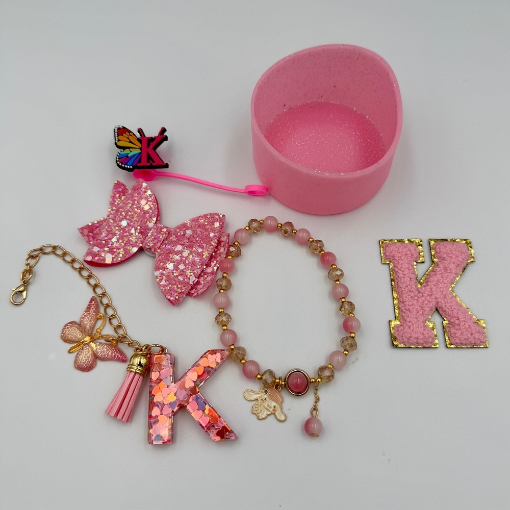 Stanly Charms Bling Pink Letter K Initial Bracelet Keychain Bow